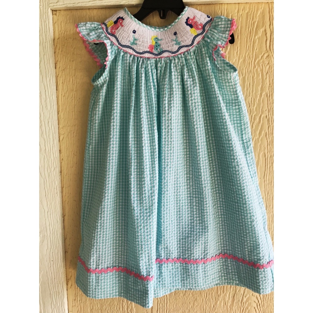 Turquoise and white gingham smocked dress for girl